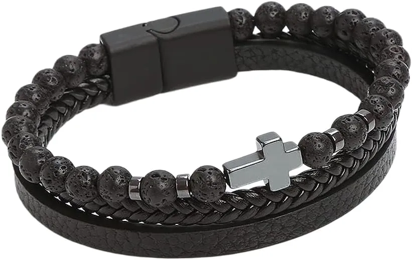 Jewbelet Leather Bracelet Men with Stainless Steel Clasp Beaded Multi Layer Braided Leather Bracelet Bangles Chain For Men Jewelry Gift