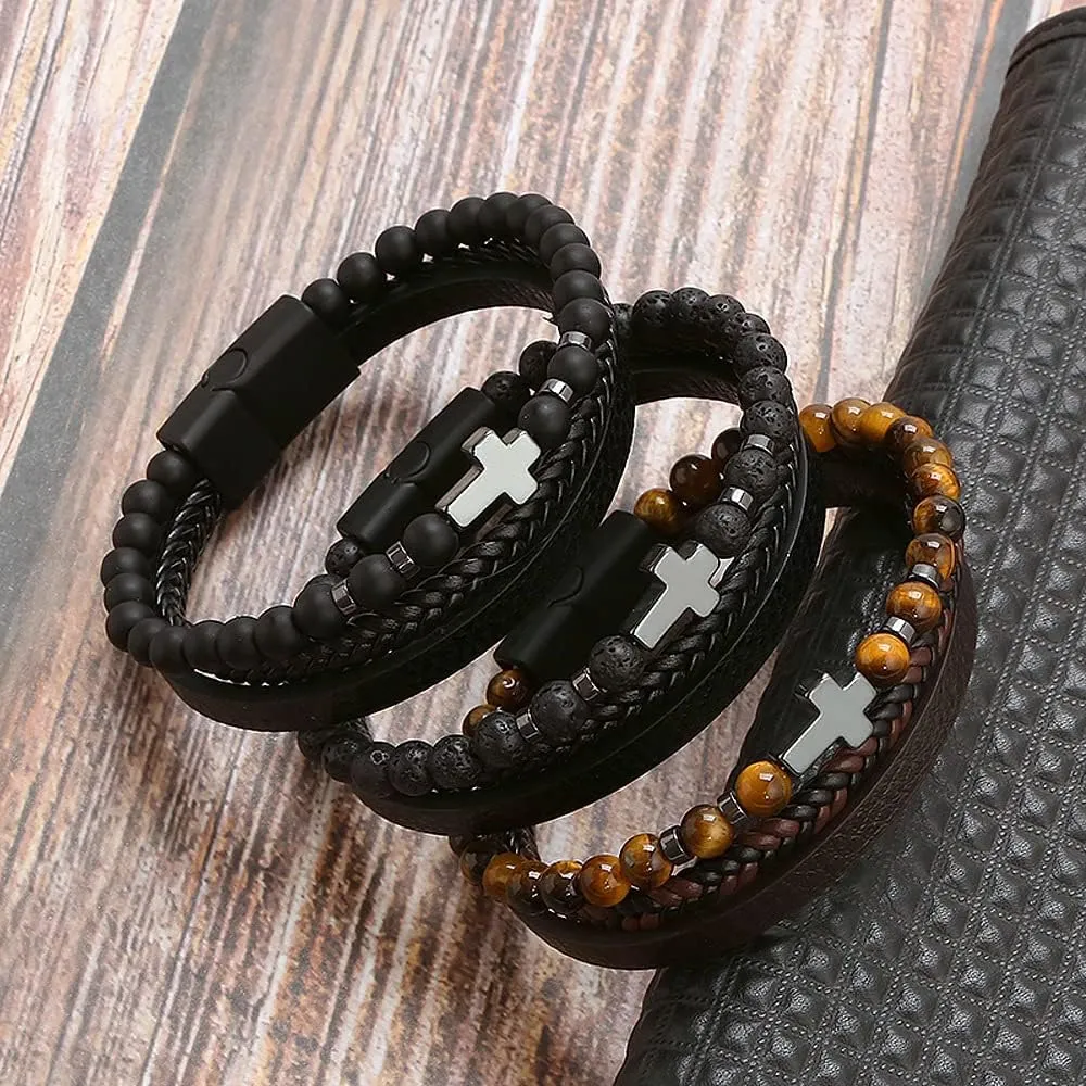 Jewbelet Leather Bracelet Men with Stainless Steel Clasp Beaded Multi Layer Braided Leather Bracelet Bangles Chain For Men Jewelry Gift