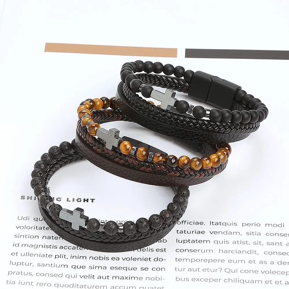 Jewbelet Leather Bracelet Men with Stainless Steel Clasp Beaded Multi Layer Braided Leather Bracelet Bangles Chain For Men Jewelry Gift