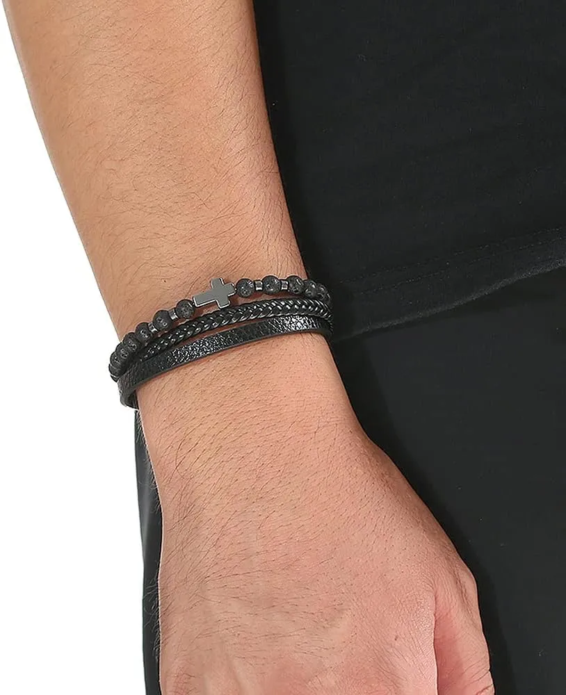 Jewbelet Leather Bracelet Men with Stainless Steel Clasp Beaded Multi Layer Braided Leather Bracelet Bangles Chain For Men Jewelry Gift