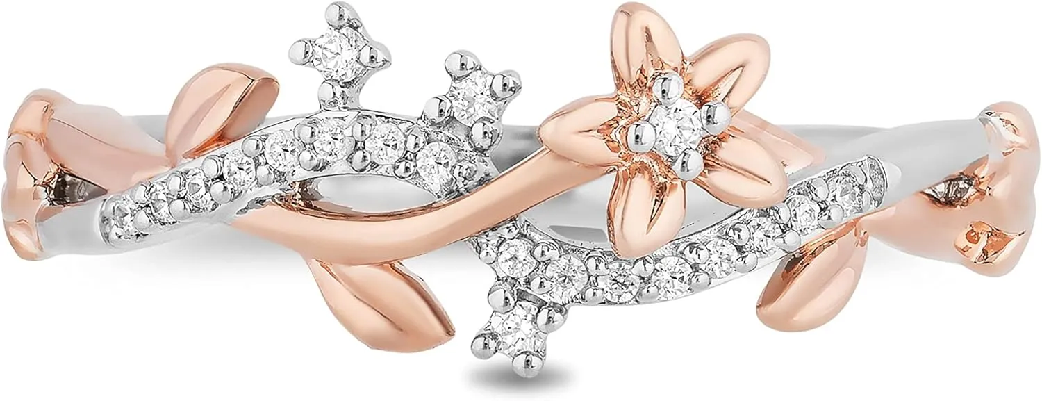 Jewelili Disney Princess Rapunzel Magical Flower Ring for Women with 1/10 Cttw Natural White Round Diamond in Sterling Silver and 10K Rose Gold Enchanted Disney Fine Jewelry