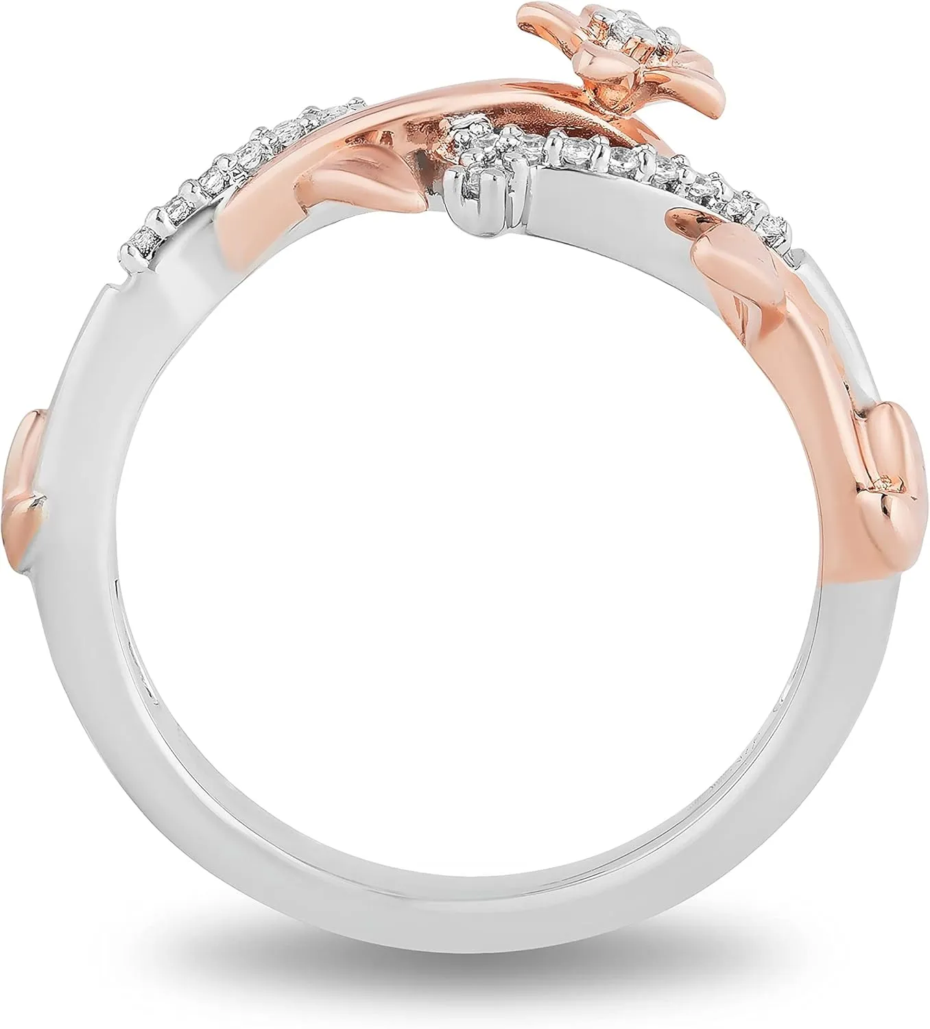 Jewelili Disney Princess Rapunzel Magical Flower Ring for Women with 1/10 Cttw Natural White Round Diamond in Sterling Silver and 10K Rose Gold Enchanted Disney Fine Jewelry