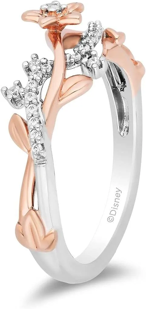 Jewelili Disney Princess Rapunzel Magical Flower Ring for Women with 1/10 Cttw Natural White Round Diamond in Sterling Silver and 10K Rose Gold Enchanted Disney Fine Jewelry
