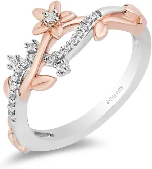 Jewelili Disney Princess Rapunzel Magical Flower Ring for Women with 1/10 Cttw Natural White Round Diamond in Sterling Silver and 10K Rose Gold Enchanted Disney Fine Jewelry