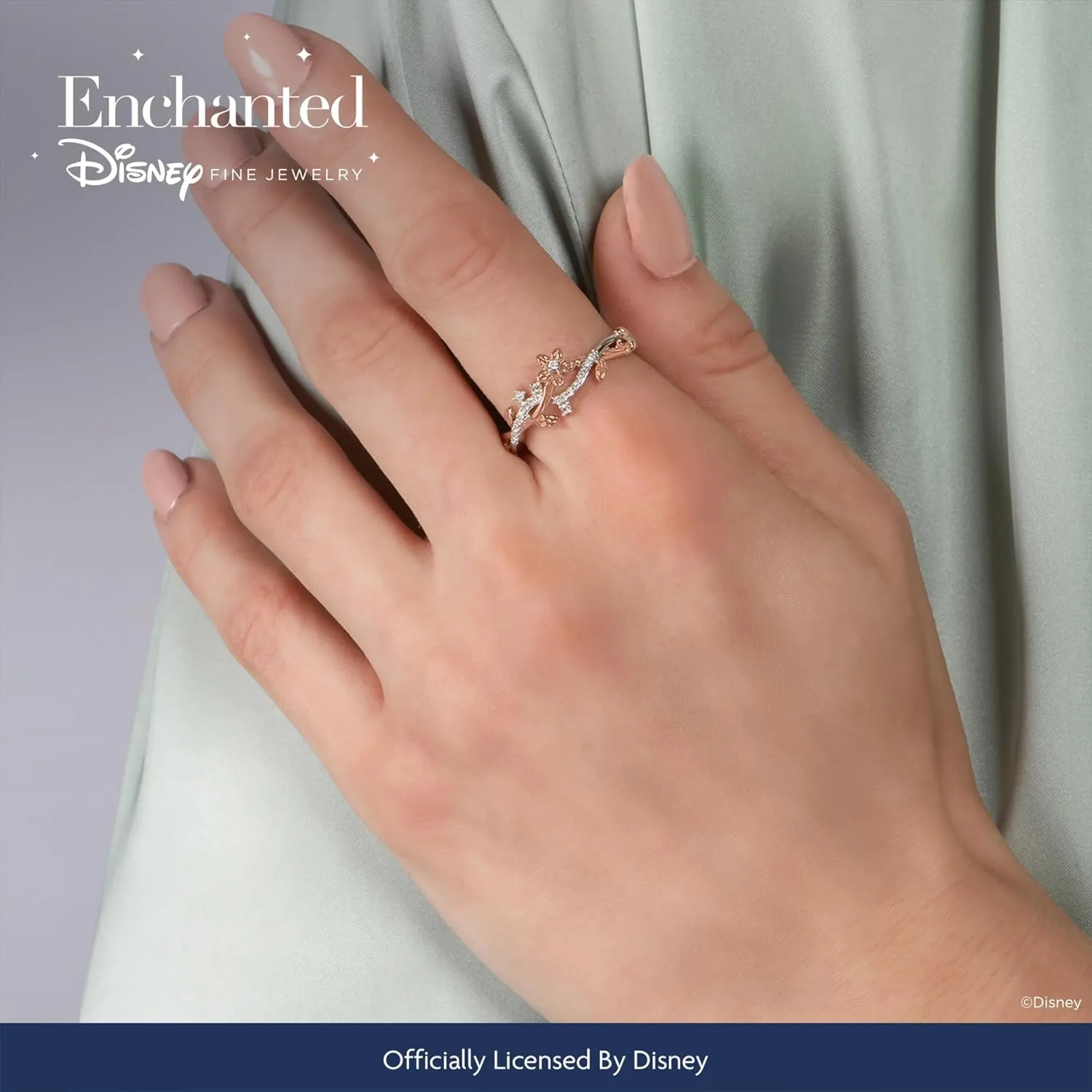 Jewelili Disney Princess Rapunzel Magical Flower Ring for Women with 1/10 Cttw Natural White Round Diamond in Sterling Silver and 10K Rose Gold Enchanted Disney Fine Jewelry