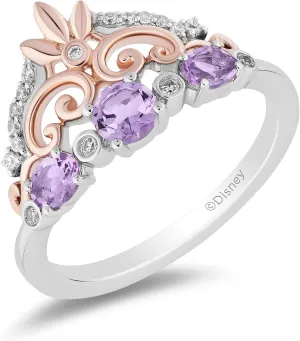 Jewelili Enchanted Disney Fine Jewelry 14K Rose Gold over Sterling Silver with 1/10 CTTW Diamond and Amethyst Rapunzel Ring Size 8