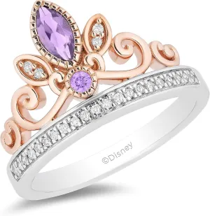 Jewelili Enchanted Disney Fine Jewelry 14K Rose Gold over Sterling Silver with 1/10 Cttw Rose-de-France Rapunzel Tiara Ring