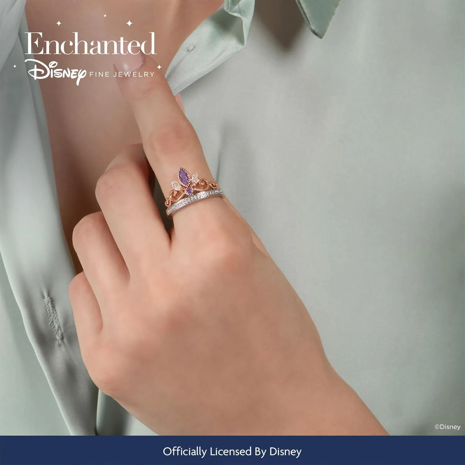 Jewelili Enchanted Disney Fine Jewelry 14K Rose Gold over Sterling Silver with 1/10 Cttw Rose-de-France Rapunzel Tiara Ring