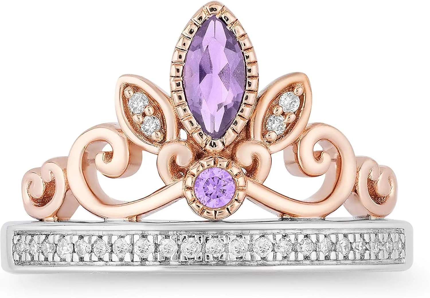 Jewelili Enchanted Disney Fine Jewelry 14K Rose Gold over Sterling Silver with 1/10 Cttw Rose-de-France Rapunzel Tiara Ring