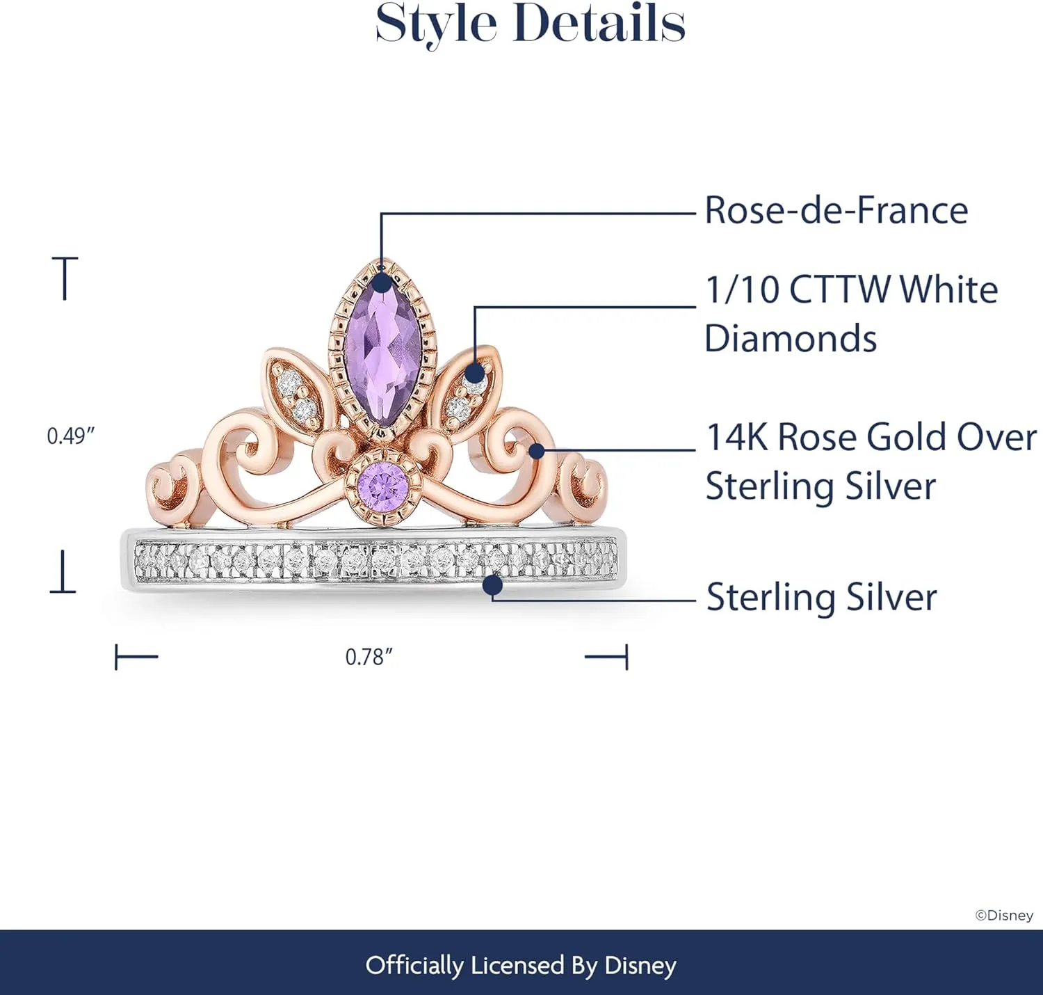 Jewelili Enchanted Disney Fine Jewelry 14K Rose Gold over Sterling Silver with 1/10 Cttw Rose-de-France Rapunzel Tiara Ring