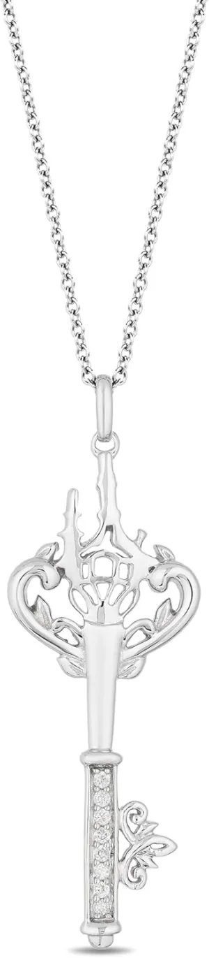 Jewelili Enchanted Disney Fine Jewelry Sterling Silver 1/20 CTTW Diamond Rapunzel Key Pendant