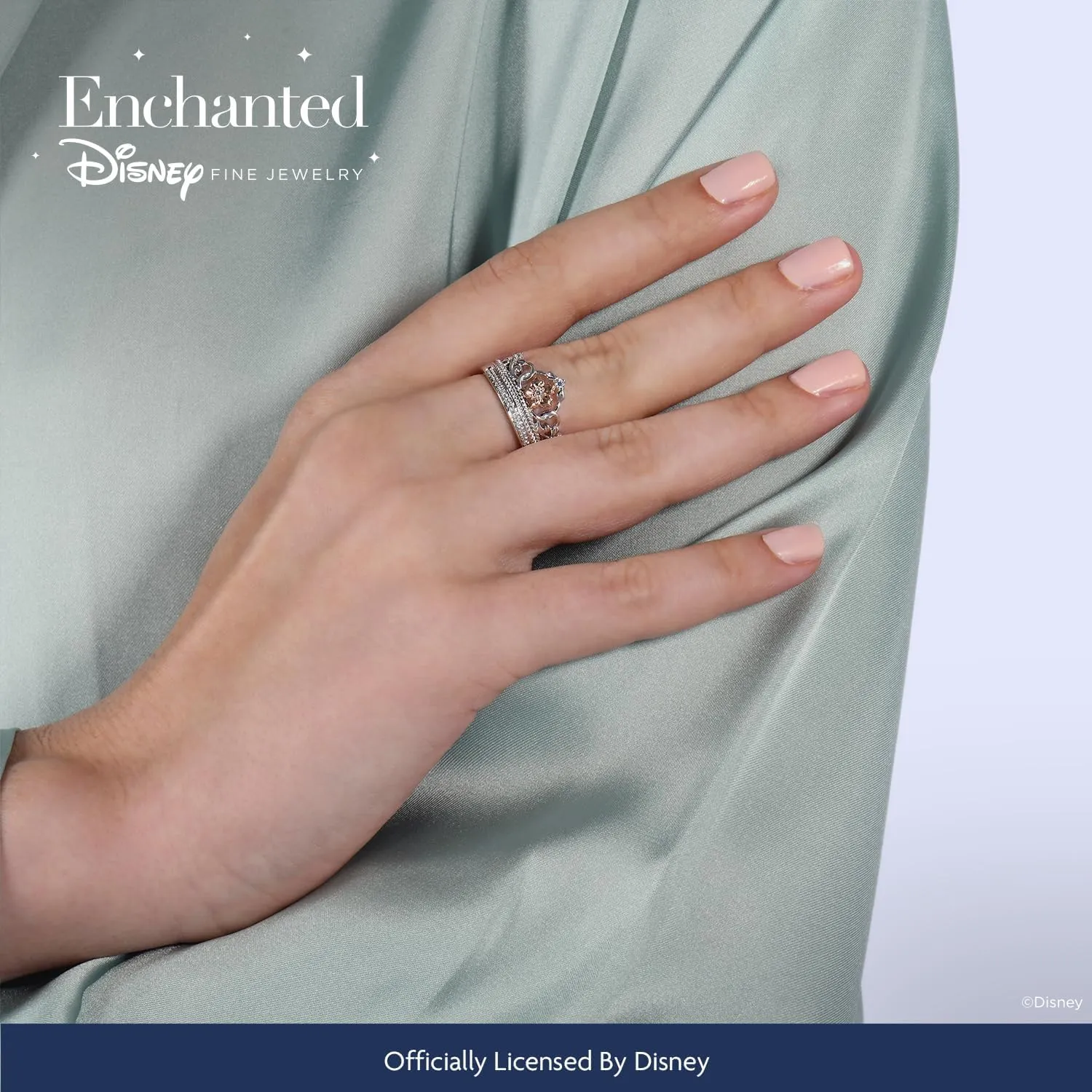 Jewelili Enchanted Disney Fine Jewelry Sterling Silver and 10K Rose Gold 1/10 Cttw Diamond Rapunzel Tiara Ring