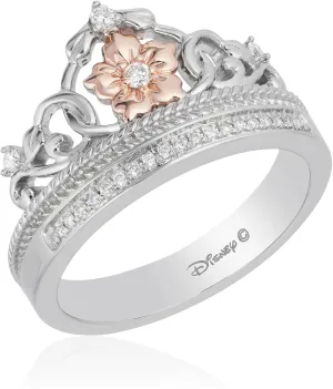 Jewelili Enchanted Disney Fine Jewelry Sterling Silver and 10K Rose Gold 1/10 Cttw Diamond Rapunzel Tiara Ring