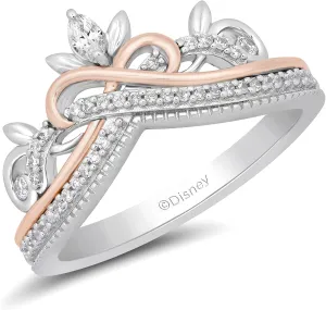 Jewelili Enchanted Disney Fine Jewelry Sterling Silver and 10K Rose Gold 1/5 Cttw Natural White Round and Marquise Diamond Rapunzel Tiara Ring
