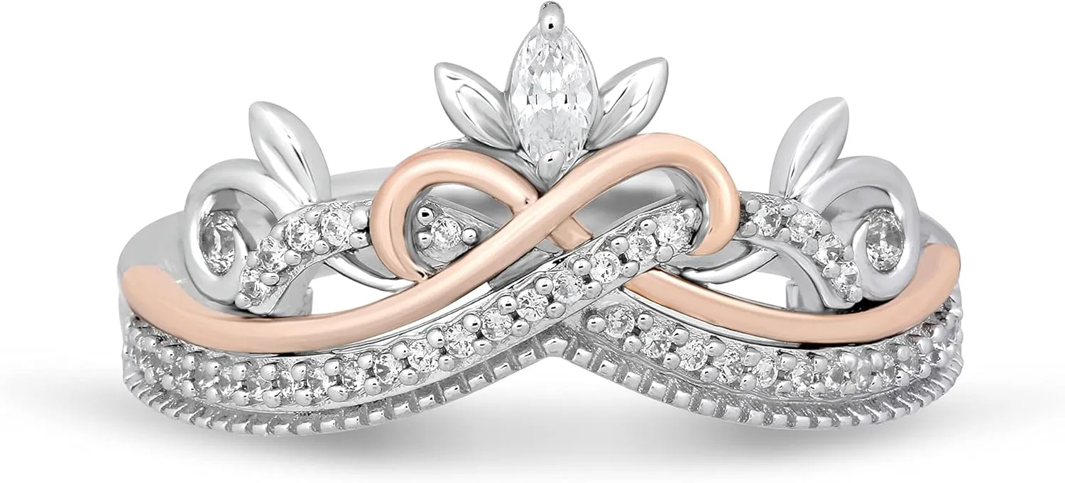 Jewelili Enchanted Disney Fine Jewelry Sterling Silver and 10K Rose Gold 1/5 Cttw Natural White Round and Marquise Diamond Rapunzel Tiara Ring