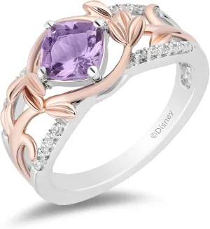 Jewelili Enchanted Disney Fine Jewelry Sterling Silver and 10K Rose Gold with 1/10 CTTW Diamond and Amethyst Rapunzel Ring Size 6
