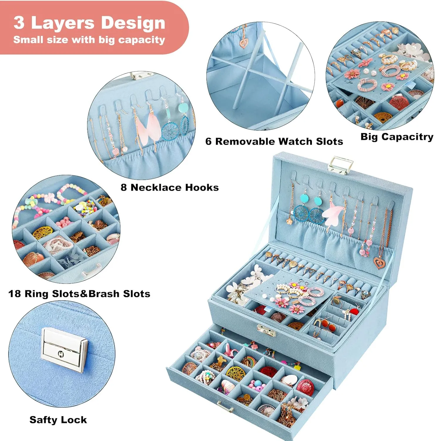 Jewelry Boxes for Women Blue Velvet Jewelry Organizer with Lock,Teen Jewelry Organizers and Storage Earring and Necklace Holder Organizer Box Womens Jewelry Box for Necklaces Earrings Rings Bracelets