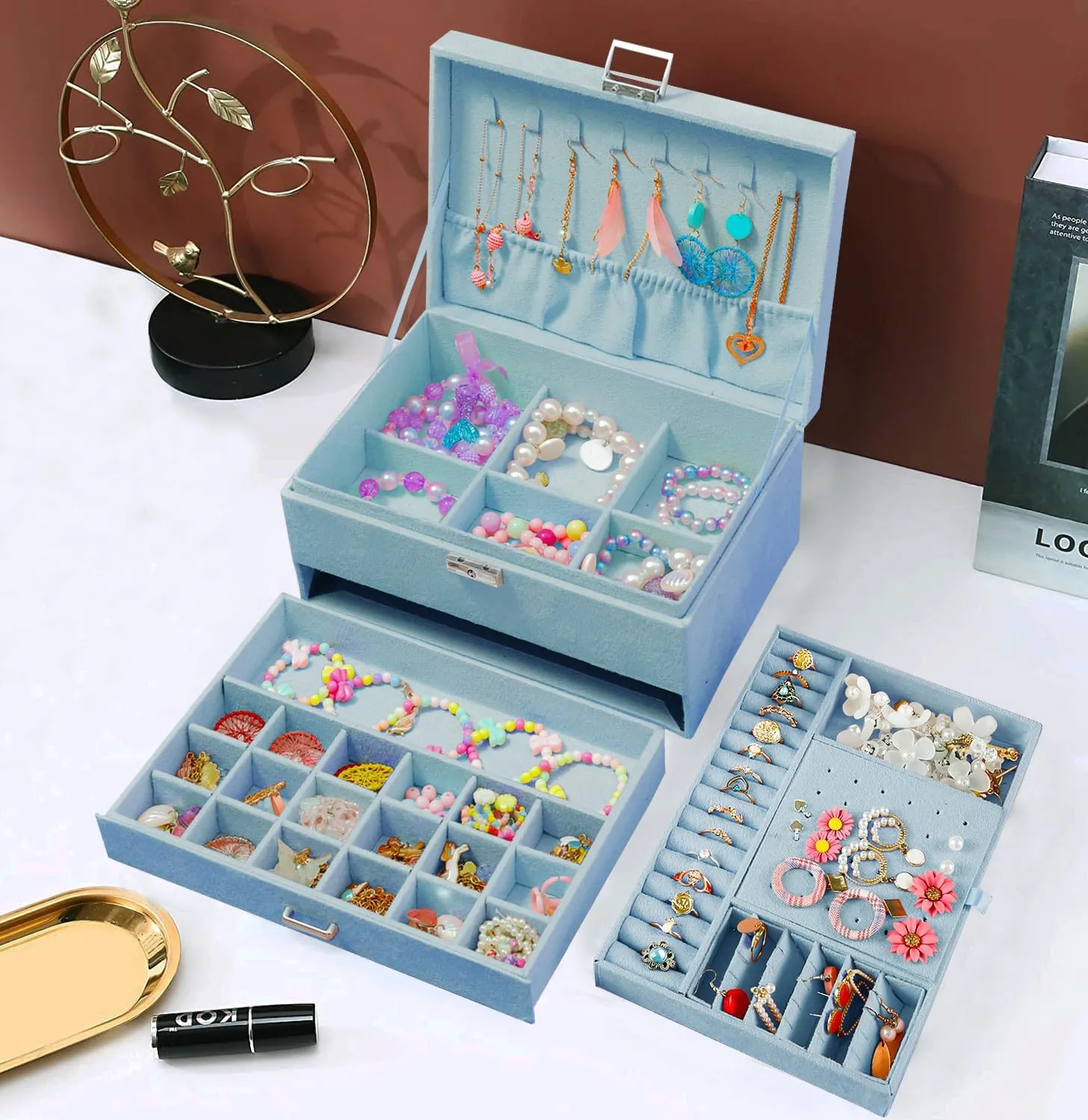Jewelry Boxes for Women Blue Velvet Jewelry Organizer with Lock,Teen Jewelry Organizers and Storage Earring and Necklace Holder Organizer Box Womens Jewelry Box for Necklaces Earrings Rings Bracelets