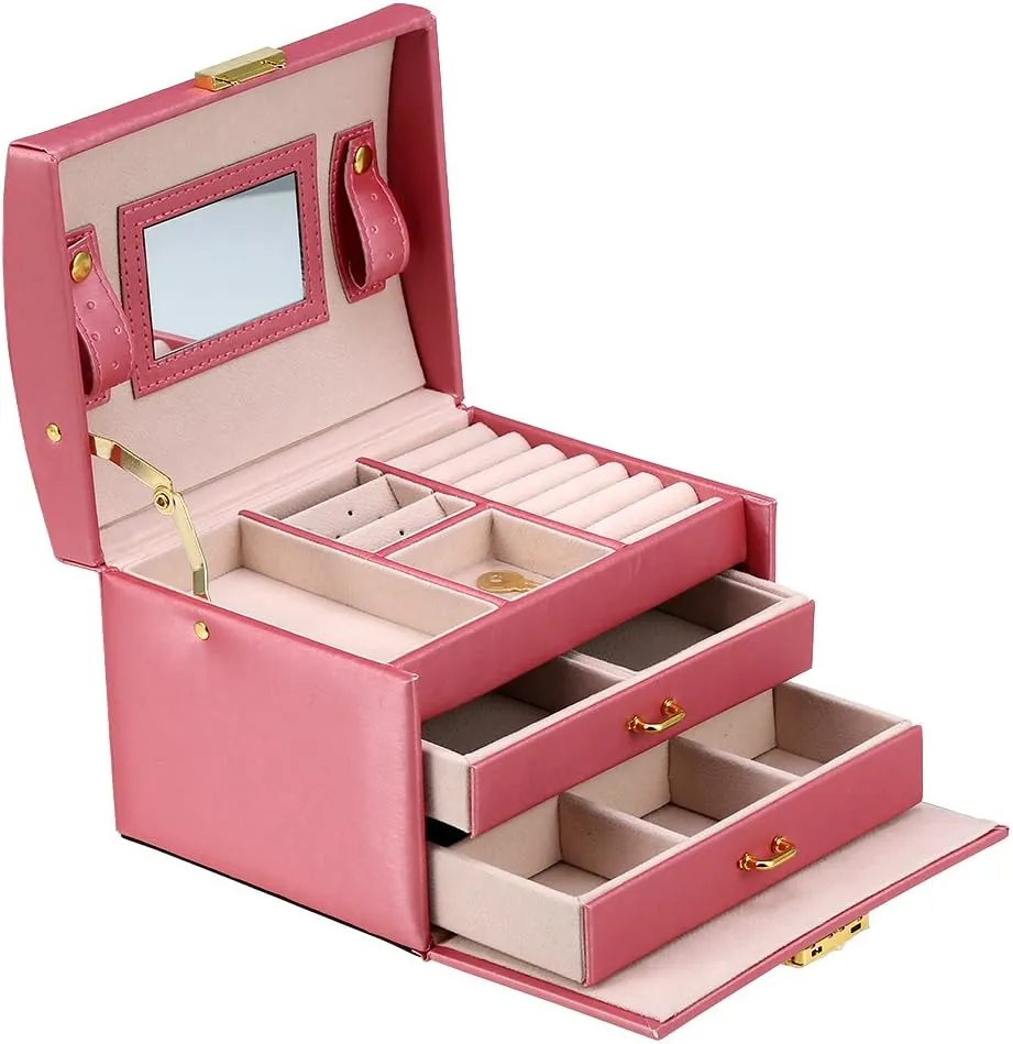 Jewelry Organizer Box with Lock, Modern Three Layer Jewelry Storage Organizer Box PU Earring Rings Bracelets Necklace Display Cabinet for Women and Girls, Watermelon Red
