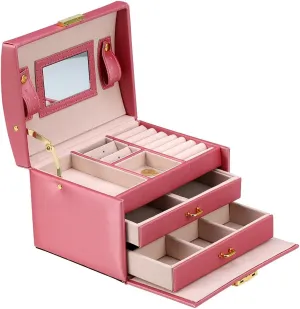 Jewelry Organizer Box with Lock, Modern Three Layer Jewelry Storage Organizer Box PU Earring Rings Bracelets Necklace Display Cabinet for Women and Girls, Watermelon Red