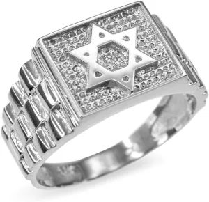 Jewish Star of David Ring for Men in Textured 925 Sterling Silver