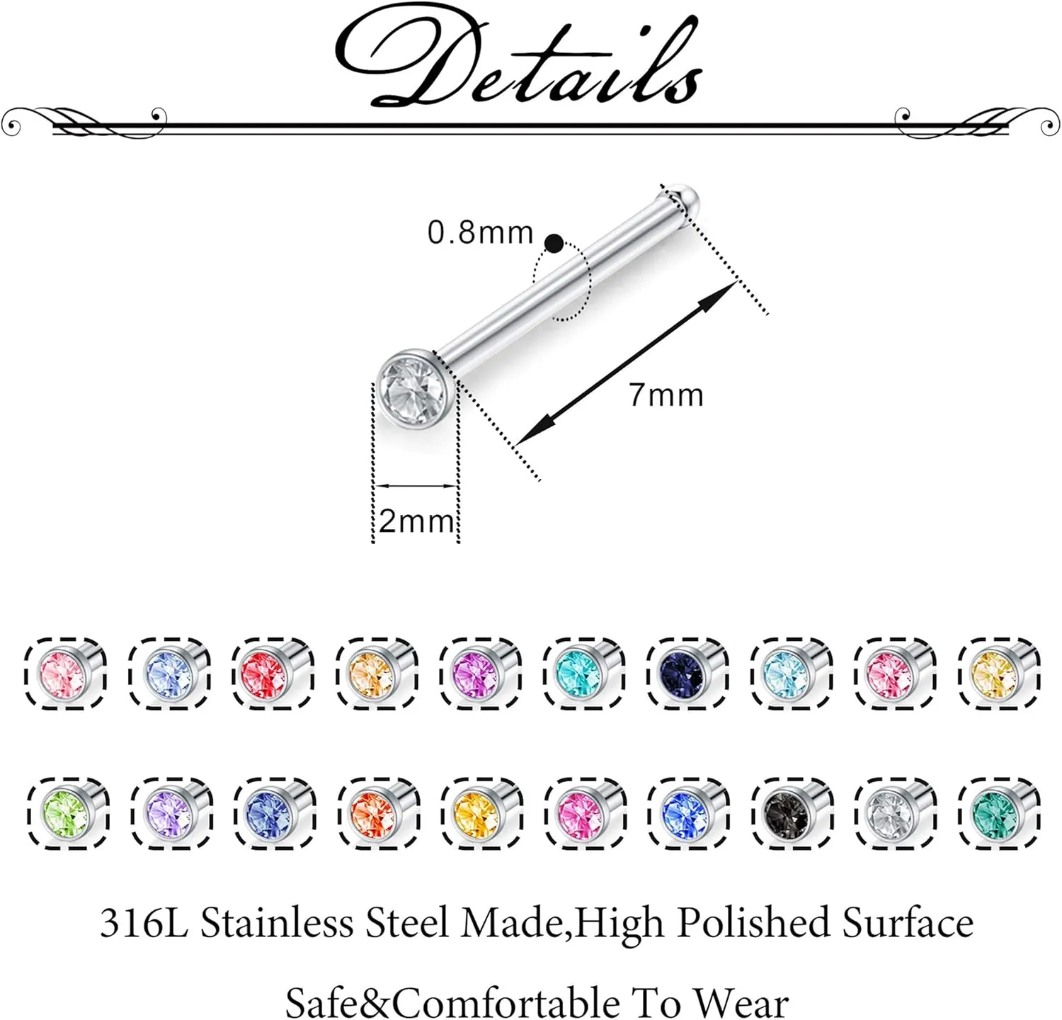 Jstyle 50 Pcs 18G 20G Stud Earrings for Women Men 316L Stainless Steel Hypoallergenic Nose Studs, CZ Stud Piercing Jewelry for Tragus/Nose/Helix/Conch/Medusa/Lip/Labret Lightweight, Everyday Wear