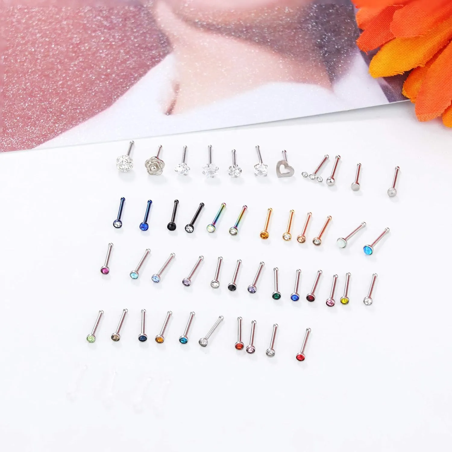 Jstyle 50 Pcs 18G 20G Stud Earrings for Women Men 316L Stainless Steel Hypoallergenic Nose Studs, CZ Stud Piercing Jewelry for Tragus/Nose/Helix/Conch/Medusa/Lip/Labret Lightweight, Everyday Wear