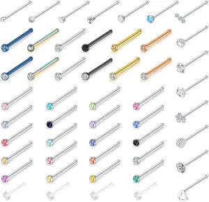 Jstyle 50 Pcs 18G 20G Stud Earrings for Women Men 316L Stainless Steel Hypoallergenic Nose Studs, CZ Stud Piercing Jewelry for Tragus/Nose/Helix/Conch/Medusa/Lip/Labret Lightweight, Everyday Wear
