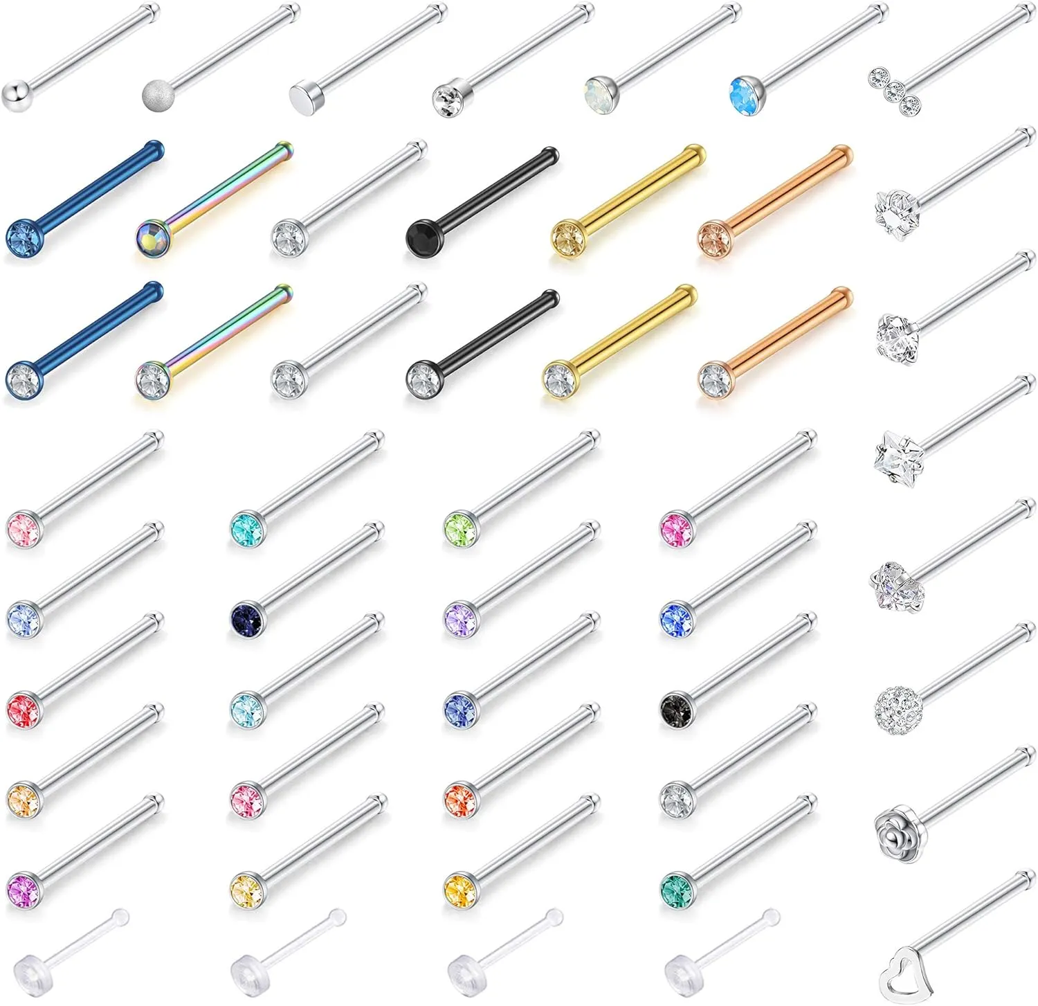 Jstyle 50 Pcs 18G 20G Stud Earrings for Women Men 316L Stainless Steel Hypoallergenic Nose Studs, CZ Stud Piercing Jewelry for Tragus/Nose/Helix/Conch/Medusa/Lip/Labret Lightweight, Everyday Wear