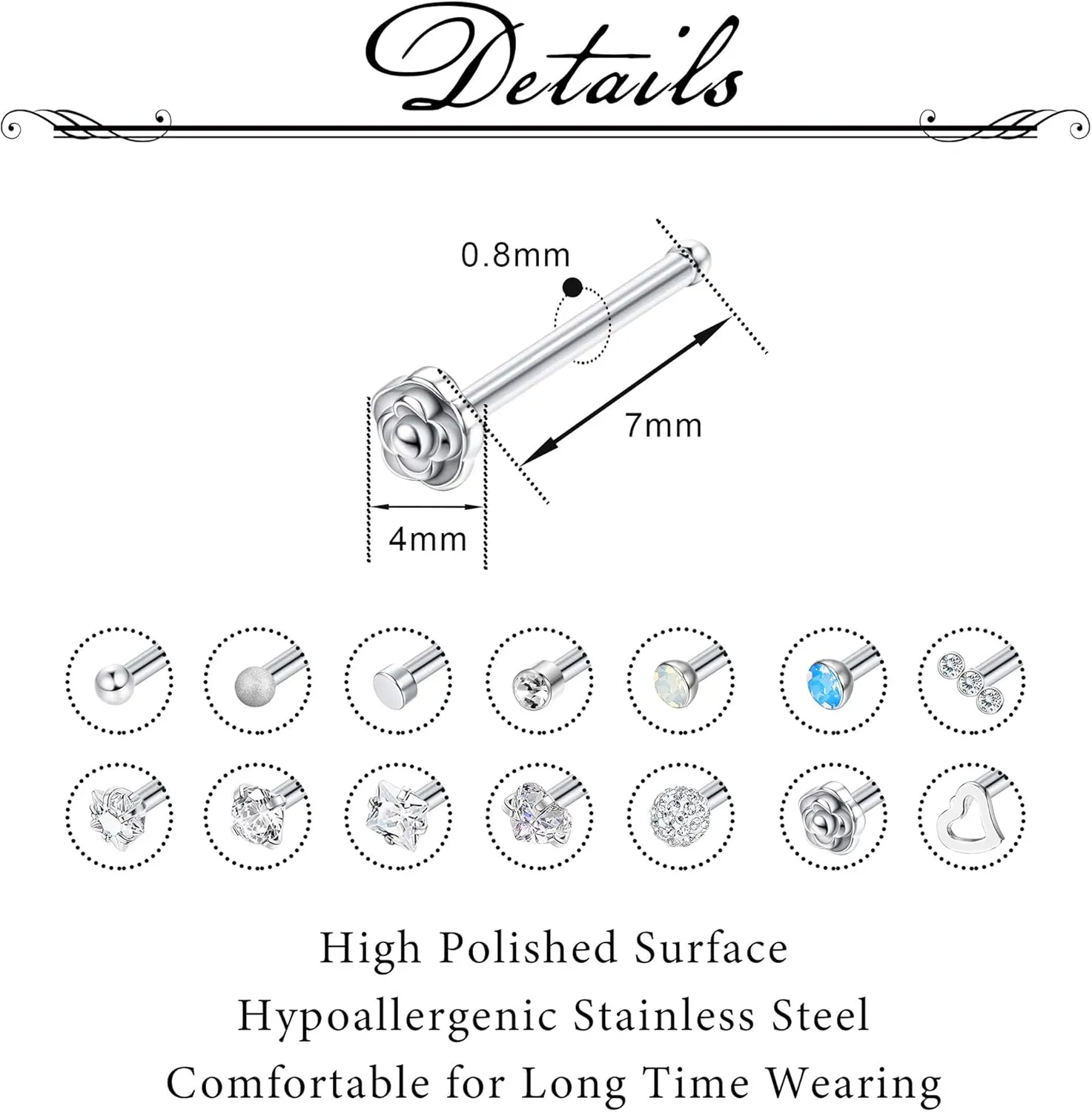 Jstyle 50 Pcs 18G 20G Stud Earrings for Women Men 316L Stainless Steel Hypoallergenic Nose Studs, CZ Stud Piercing Jewelry for Tragus/Nose/Helix/Conch/Medusa/Lip/Labret Lightweight, Everyday Wear