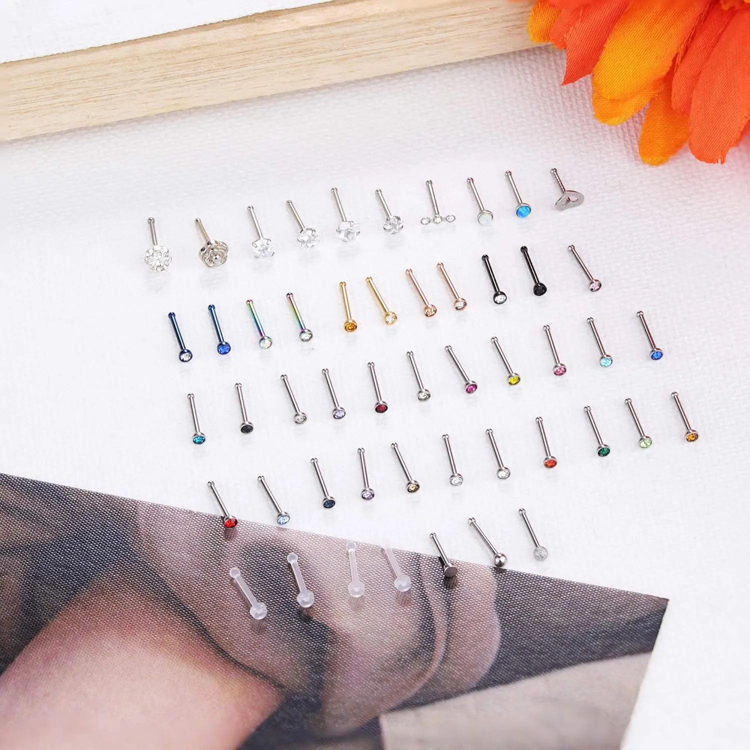 Jstyle 50 Pcs 18G 20G Stud Earrings for Women Men 316L Stainless Steel Hypoallergenic Nose Studs, CZ Stud Piercing Jewelry for Tragus/Nose/Helix/Conch/Medusa/Lip/Labret Lightweight, Everyday Wear