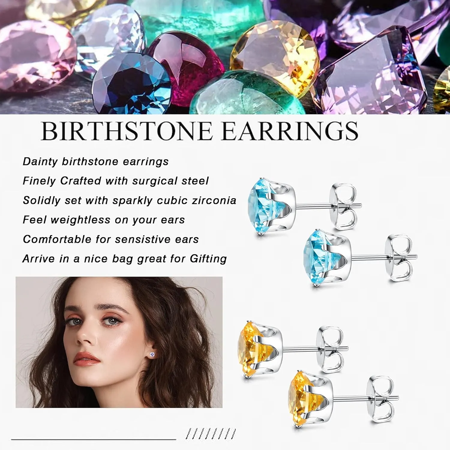 Jstyle Hypoallergenic Stud Earrings for Women Men Surgical Stainless Steel Birthstone Earrings Studs Colorful Cubic Zirconia Earrings Set Womens small Stud Post Earrings for Sensitive Ears