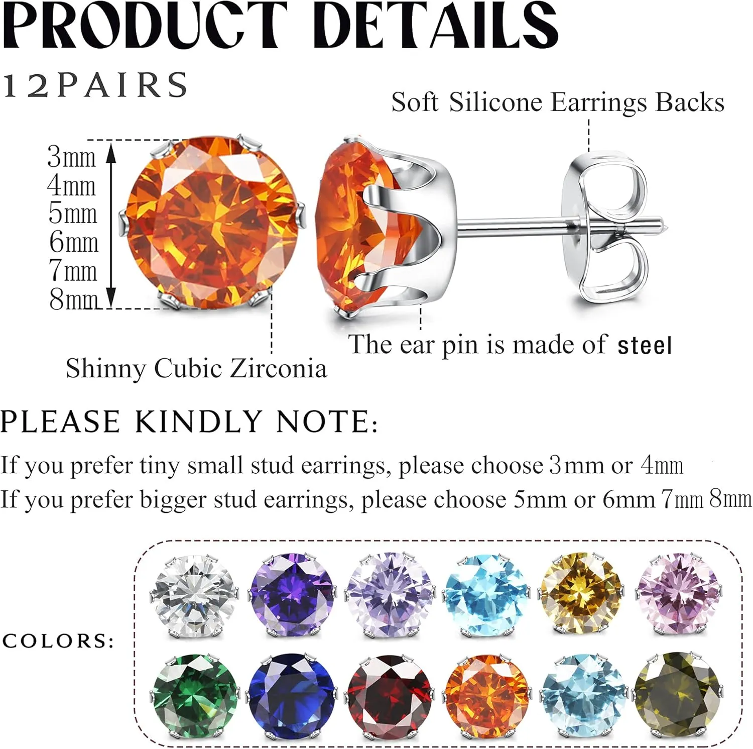 Jstyle Hypoallergenic Stud Earrings for Women Men Surgical Stainless Steel Birthstone Earrings Studs Colorful Cubic Zirconia Earrings Set Womens small Stud Post Earrings for Sensitive Ears