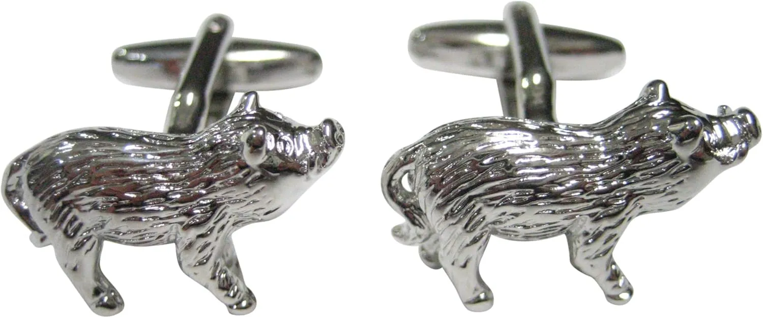 Kiola Designs Silver Toned Round Textured Boar Hog Pig Cufflinks