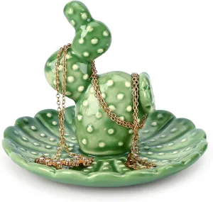 Koythin Ceramic Jewelry Tray, Adorable Ring Holder Dish for Earring Bracelet Watch, Trinket Tray for Women Girl Mom, Aesthetic Cactus Decor for Engagement Wedding (Short Cactus Green Dish)