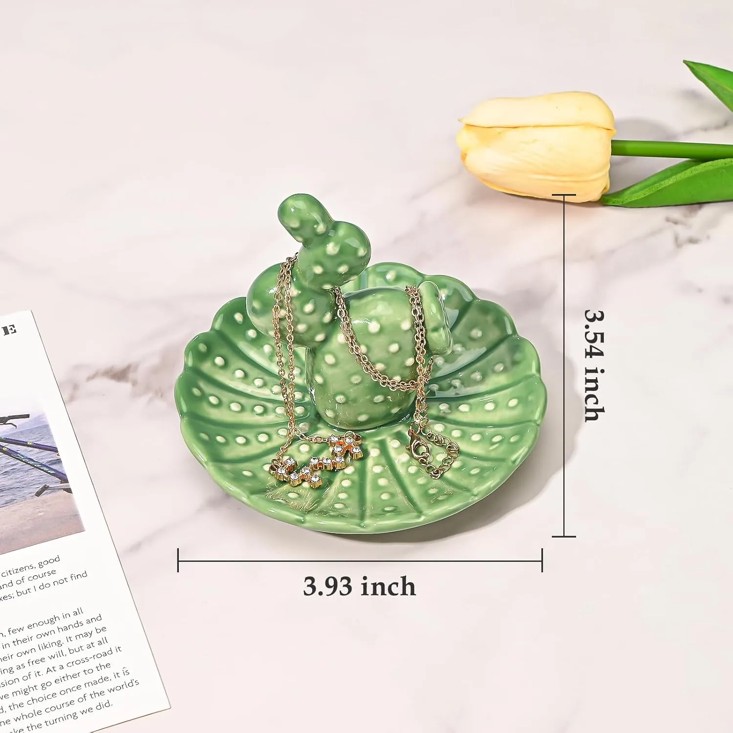 Koythin Ceramic Jewelry Tray, Adorable Ring Holder Dish for Earring Bracelet Watch, Trinket Tray for Women Girl Mom, Aesthetic Cactus Decor for Engagement Wedding (Short Cactus Green Dish)