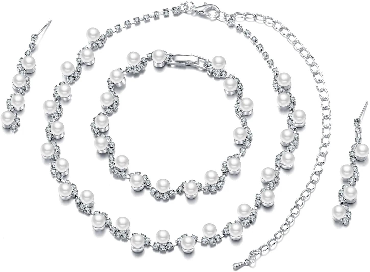 la luen Pearl Bride Wedding Jewelry Set Faux Pearls Crystal Rhinestone Necklace Earrings Bracelet Sets for Women Bridesmaid Wedding Parties Dates Everyday Wear