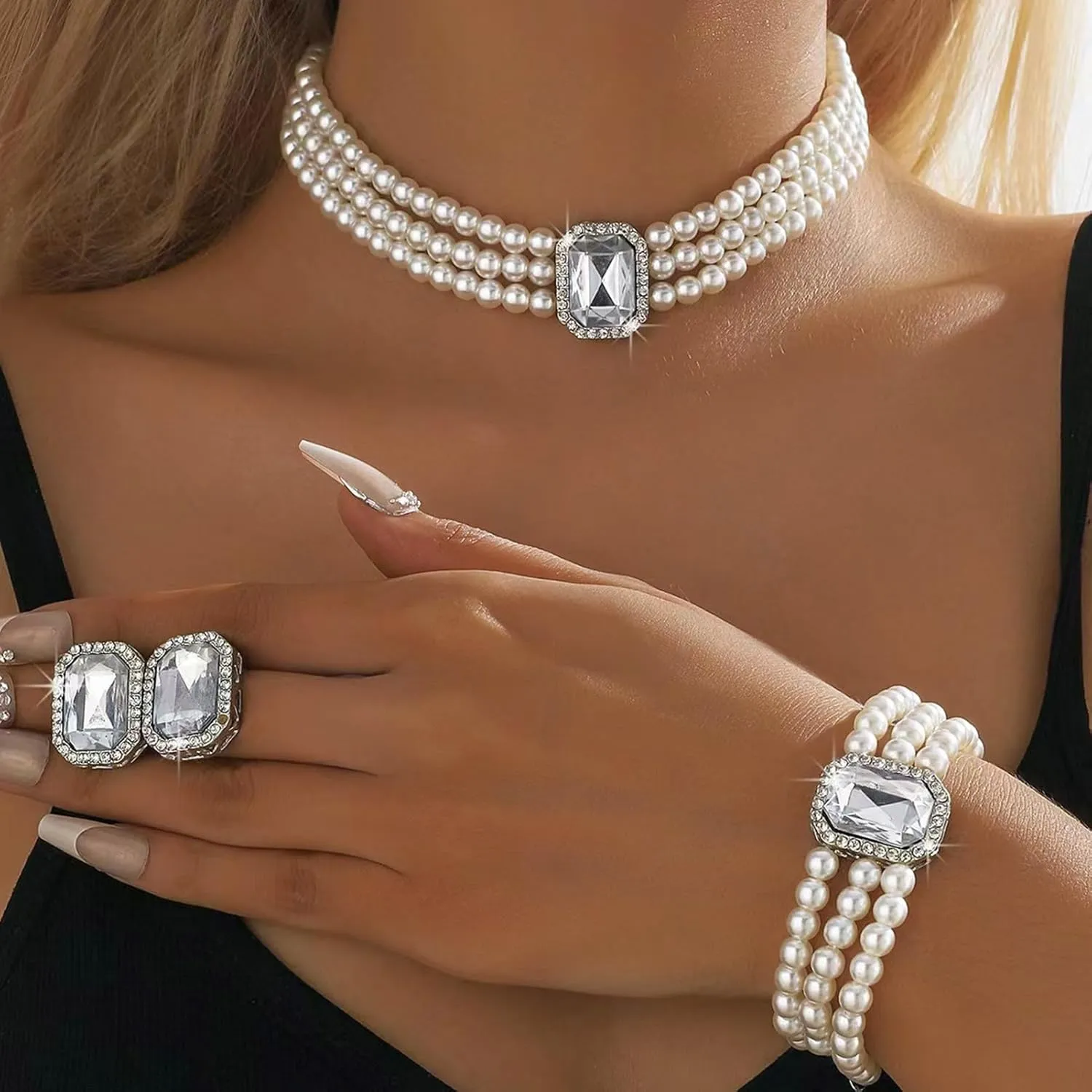 la luen Pearl Bride Wedding Jewelry Set Faux Pearls Crystal Rhinestone Necklace Earrings Bracelet Sets for Women Bridesmaid Wedding Parties Dates Everyday Wear