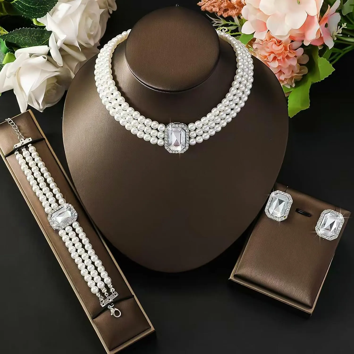 la luen Pearl Bride Wedding Jewelry Set Faux Pearls Crystal Rhinestone Necklace Earrings Bracelet Sets for Women Bridesmaid Wedding Parties Dates Everyday Wear
