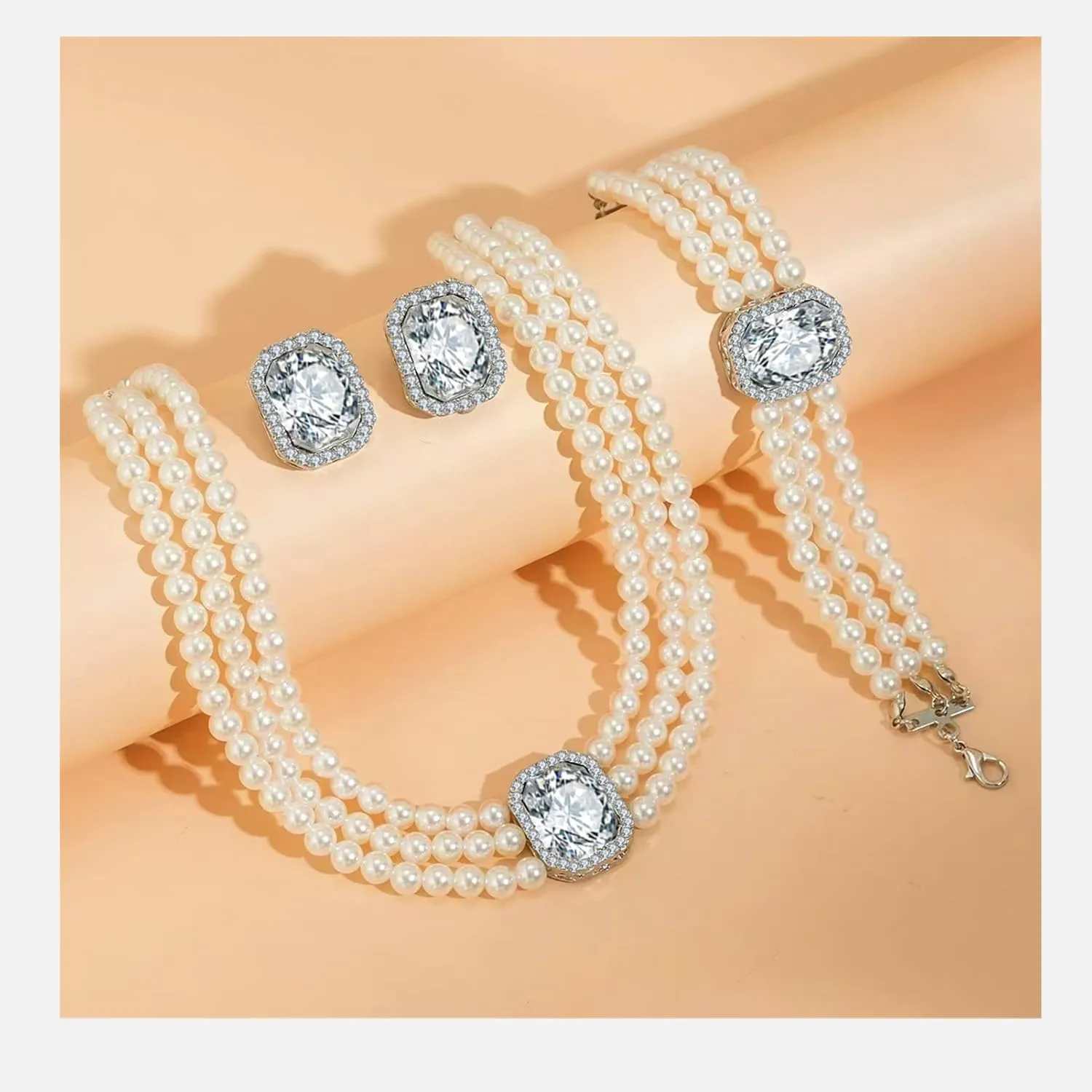la luen Pearl Bride Wedding Jewelry Set Faux Pearls Crystal Rhinestone Necklace Earrings Bracelet Sets for Women Bridesmaid Wedding Parties Dates Everyday Wear