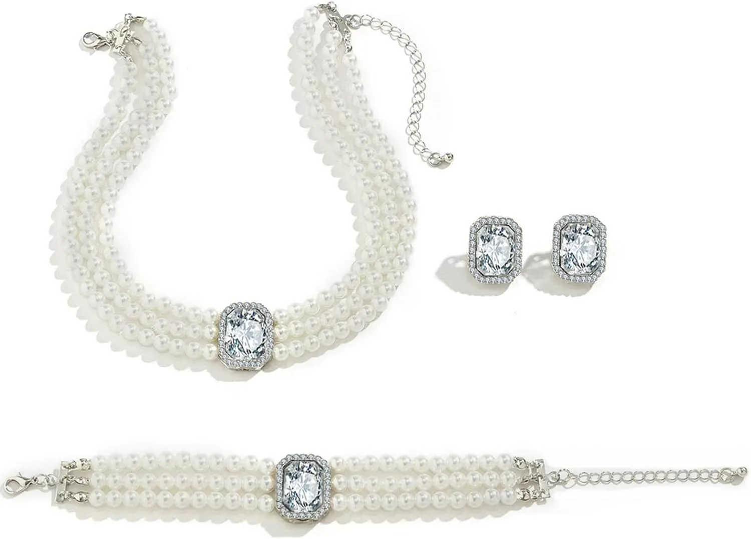 la luen Pearl Bride Wedding Jewelry Set Faux Pearls Crystal Rhinestone Necklace Earrings Bracelet Sets for Women Bridesmaid Wedding Parties Dates Everyday Wear