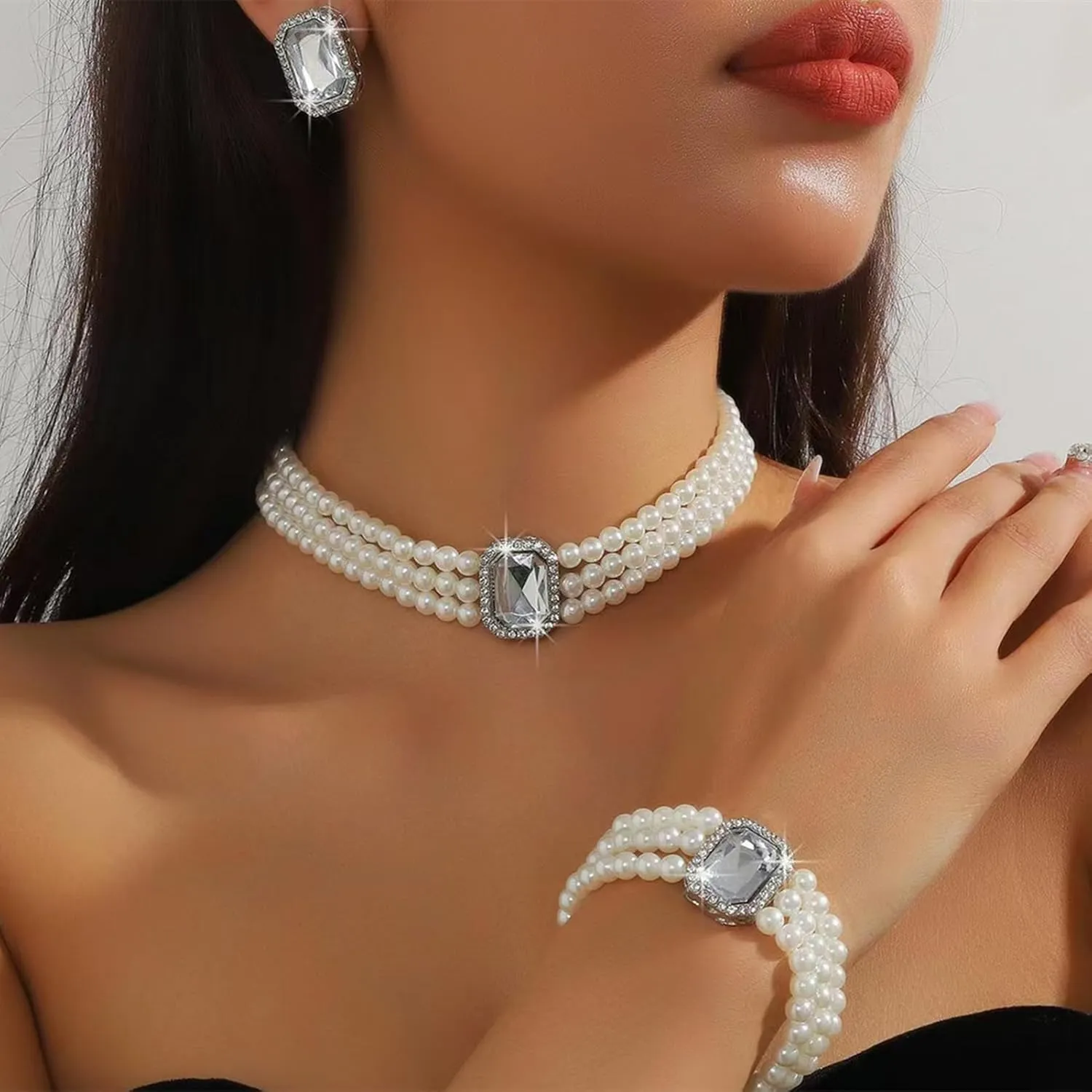 la luen Pearl Bride Wedding Jewelry Set Faux Pearls Crystal Rhinestone Necklace Earrings Bracelet Sets for Women Bridesmaid Wedding Parties Dates Everyday Wear