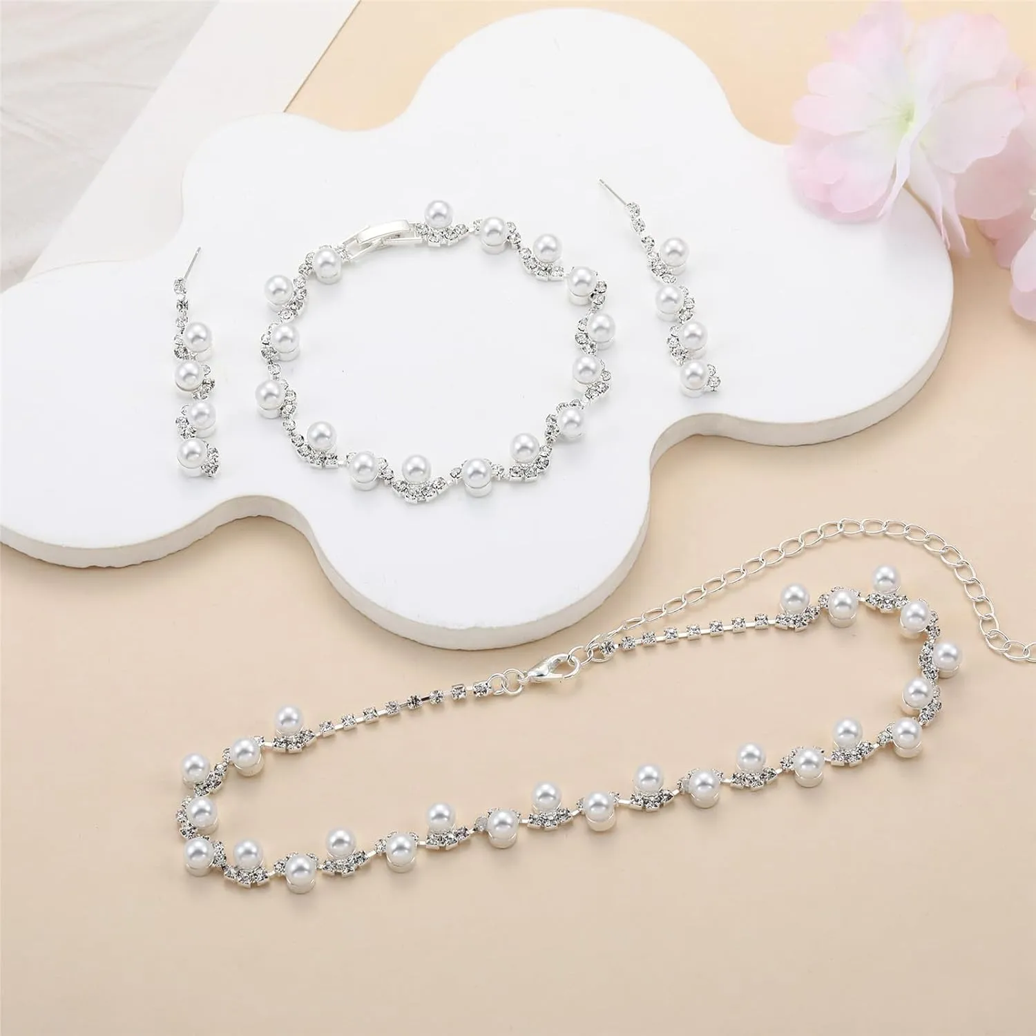 la luen Pearl Bride Wedding Jewelry Set Faux Pearls Crystal Rhinestone Necklace Earrings Bracelet Sets for Women Bridesmaid Wedding Parties Dates Everyday Wear