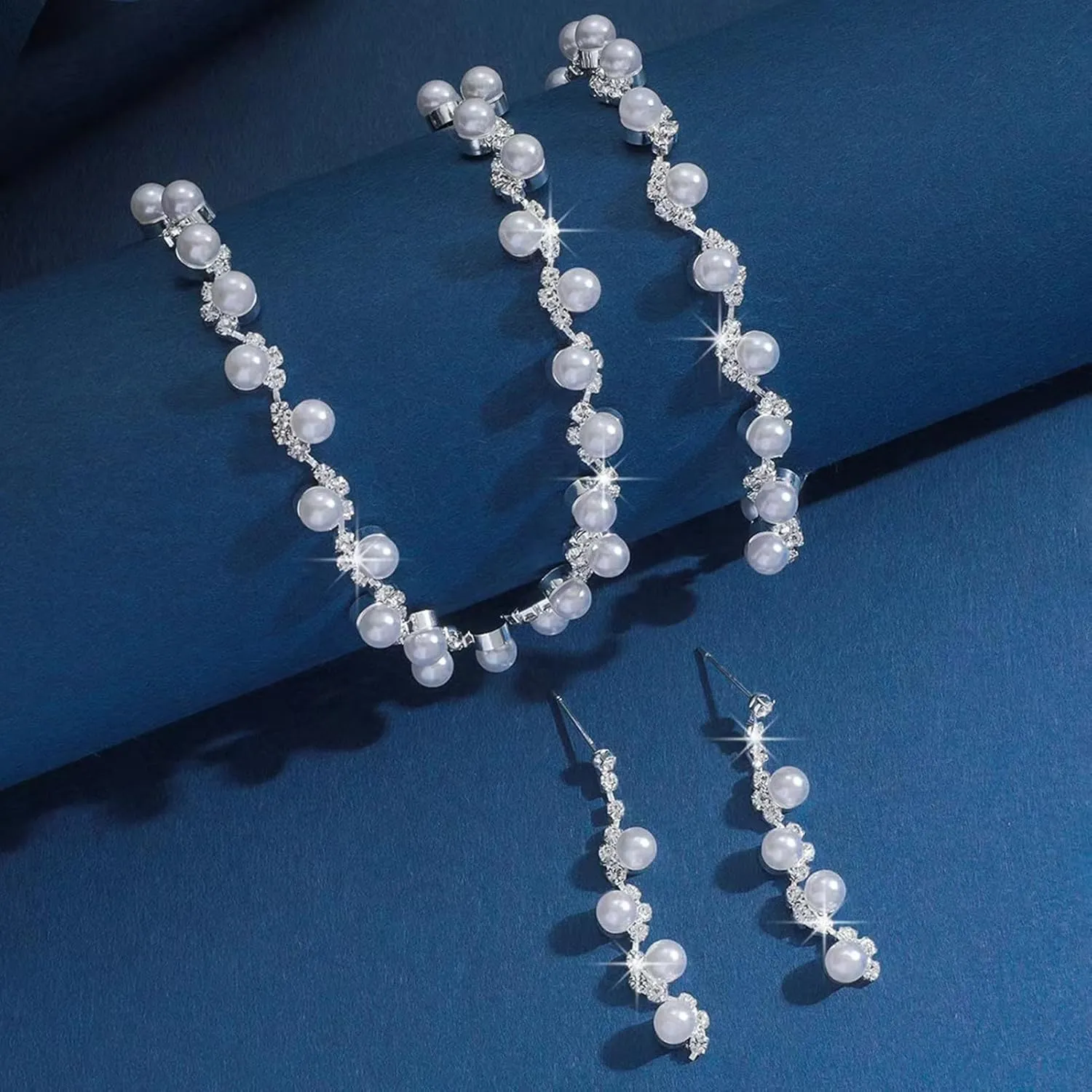 la luen Pearl Bride Wedding Jewelry Set Faux Pearls Crystal Rhinestone Necklace Earrings Bracelet Sets for Women Bridesmaid Wedding Parties Dates Everyday Wear