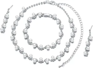 la luen Pearl Bride Wedding Jewelry Set Faux Pearls Crystal Rhinestone Necklace Earrings Bracelet Sets for Women Bridesmaid Wedding Parties Dates Everyday Wear