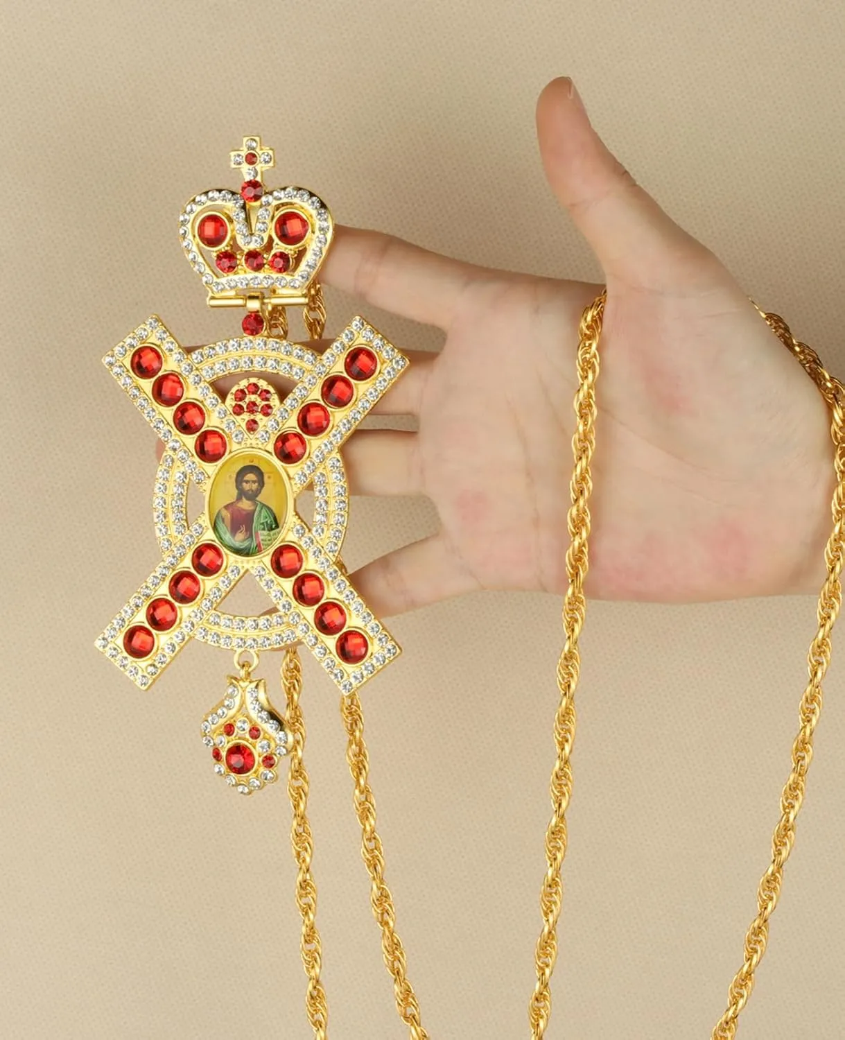 Large Metal Pectoral Cross Crucifixion Pendant Necklace Surrounded Gorgeous Crystal Rhinestone 47 Inches Long Chain Priest Bishop Jewelry