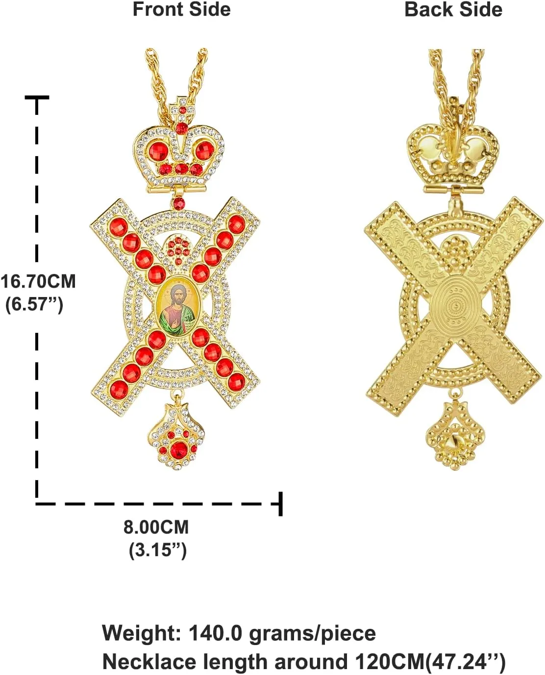 Large Metal Pectoral Cross Crucifixion Pendant Necklace Surrounded Gorgeous Crystal Rhinestone 47 Inches Long Chain Priest Bishop Jewelry