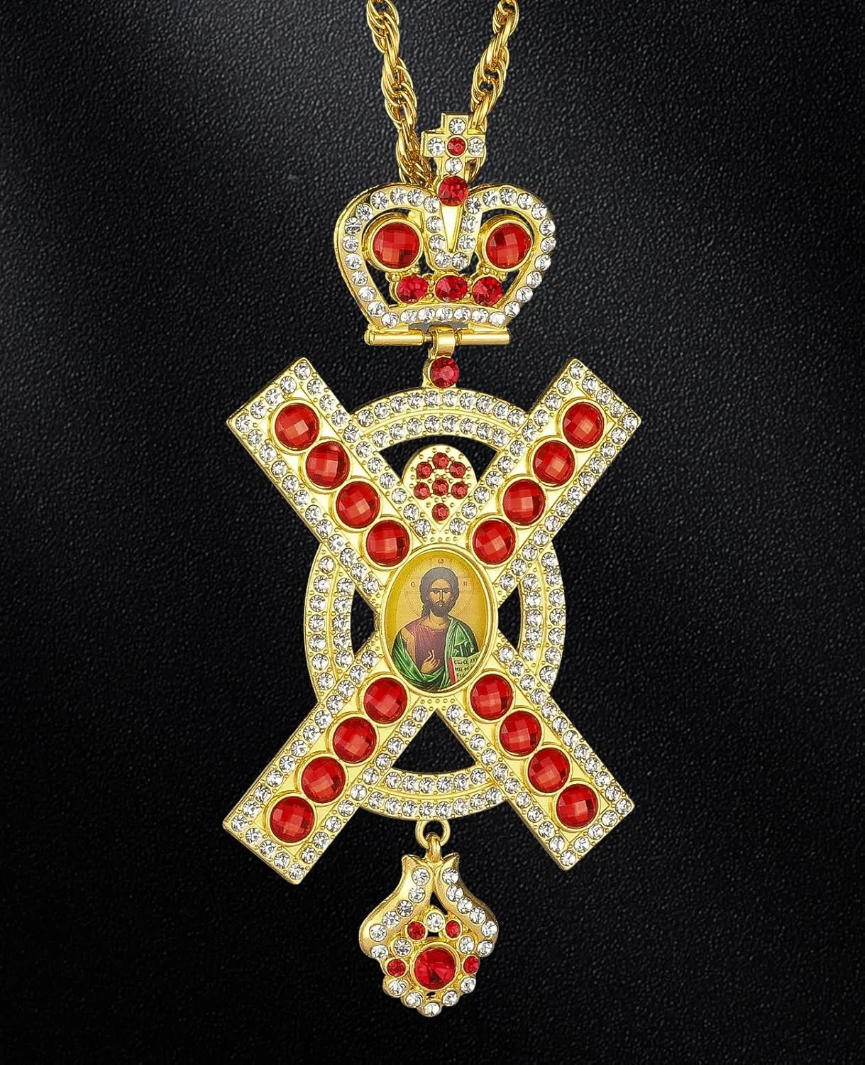 Large Metal Pectoral Cross Crucifixion Pendant Necklace Surrounded Gorgeous Crystal Rhinestone 47 Inches Long Chain Priest Bishop Jewelry