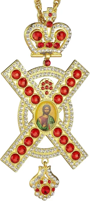 Large Metal Pectoral Cross Crucifixion Pendant Necklace Surrounded Gorgeous Crystal Rhinestone 47 Inches Long Chain Priest Bishop Jewelry