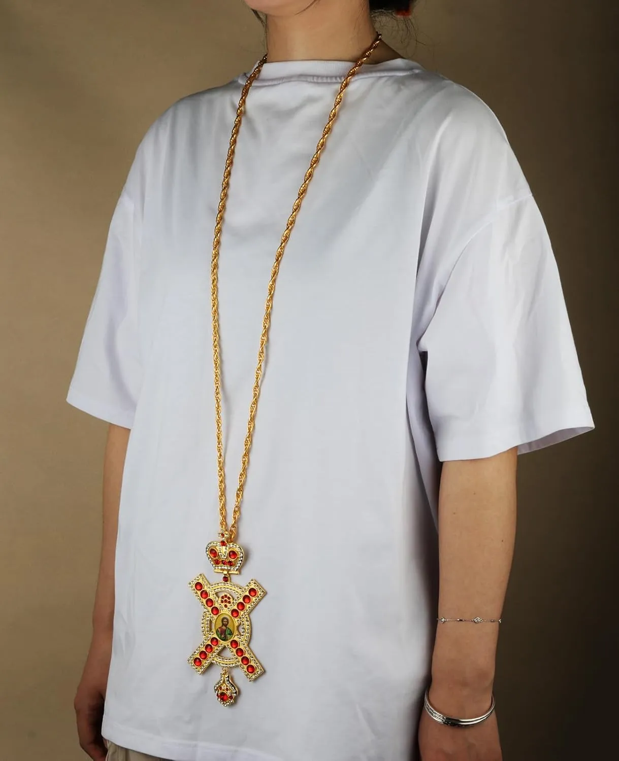 Large Metal Pectoral Cross Crucifixion Pendant Necklace Surrounded Gorgeous Crystal Rhinestone 47 Inches Long Chain Priest Bishop Jewelry